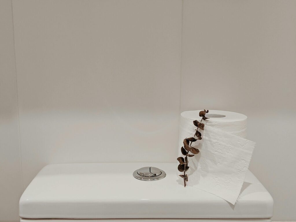 A minimalist bathroom scene featuring toilet paper with eucalyptus on a white toilet tank.