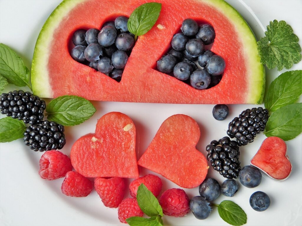 watermelon, berry, fruit, heart, blueberries, blackberries, nature, raspberries, fresh, ripe, organic, vitamins, detoxify, diet, healthy, dessert, summer, food, cookie cutter, vegetarian, fructose